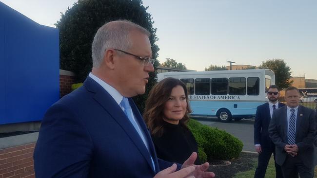 Primer Minister Scott Morrison and wife Jenny speaking with the media in Washington DC. Picture: Andrew Hough.