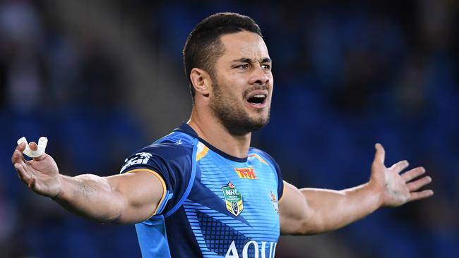Titans player Jarryd Hayne reacts during the Round 17 NRL match between the Gold Coast Titans and the St George Dragons at Robina Stadium on the Gold Coast, Friday, June 30, 2017. (AAP Image/Dave Hunt) NO ARCHIVING, EDITORIAL USE ONLY