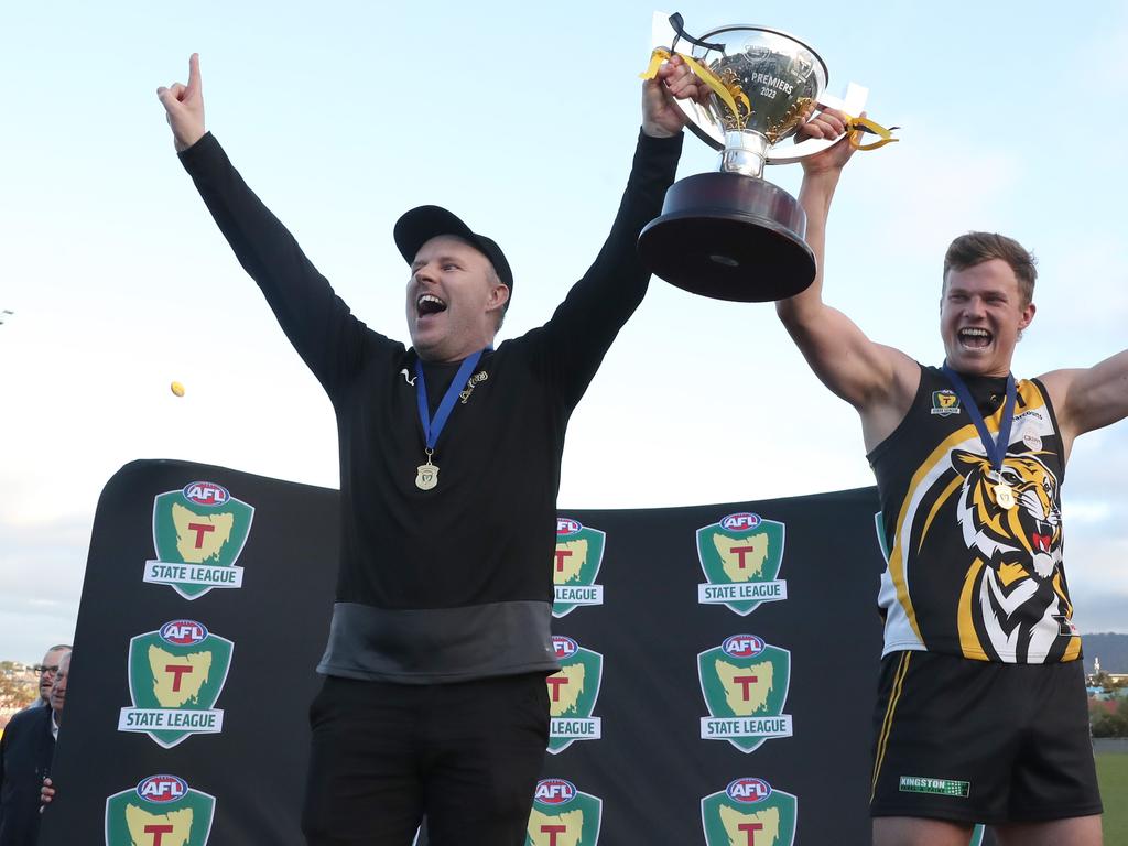 Trent Baumeler coach and Lachie Clifford captain of Tigers with premiership cup. TSL grand final Kingborough Tigers V North Launceston. Picture: Nikki Davis-Jones