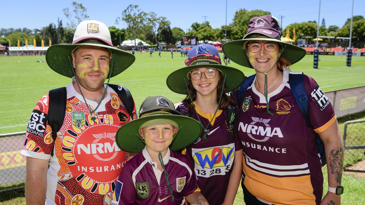 At the NRL Pre-Season Challenge game between Broncos and Titans are (from left) Matt Cable, Storm Cable, Willow Chudleigh, and TJ Cable at Toowoomba Sports Ground, Sunday, February 16, 2025. Picture: Kevin Farmer