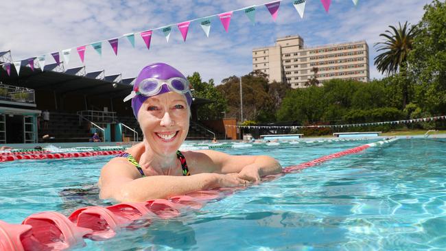 Kate Stockwin enjoys a swim at Prahran pool, in Melbourne’s inner east. Picture: David Crosling