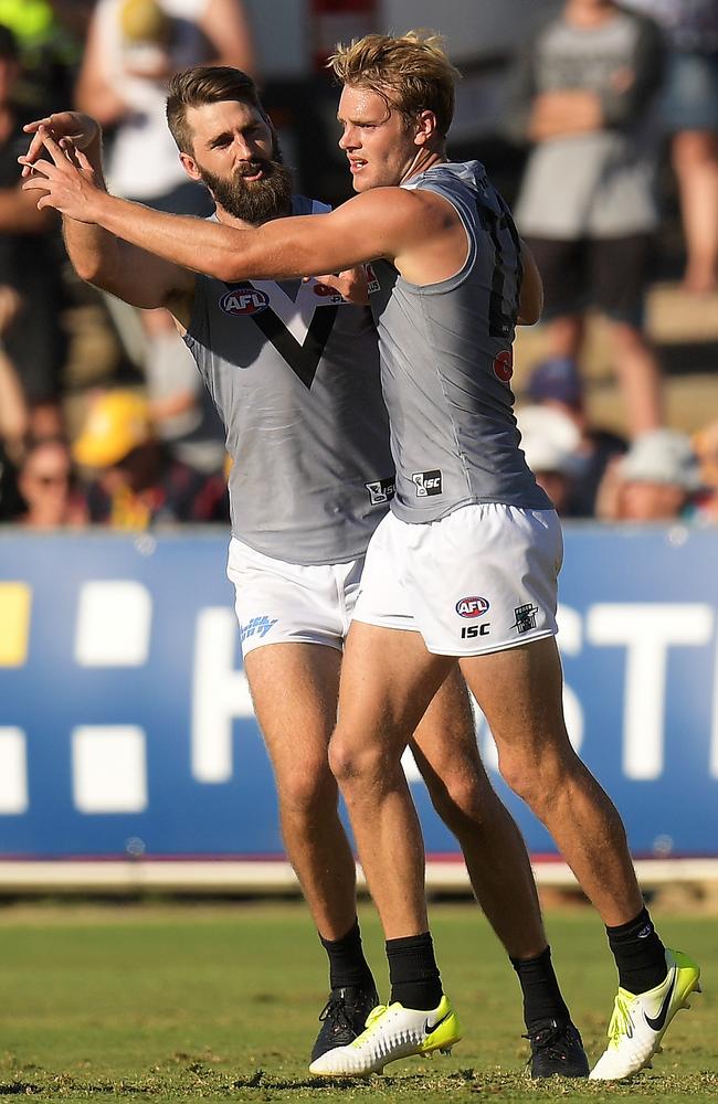 Justin Westhoff and Jack Watts of the Power during the JLT Community Series.