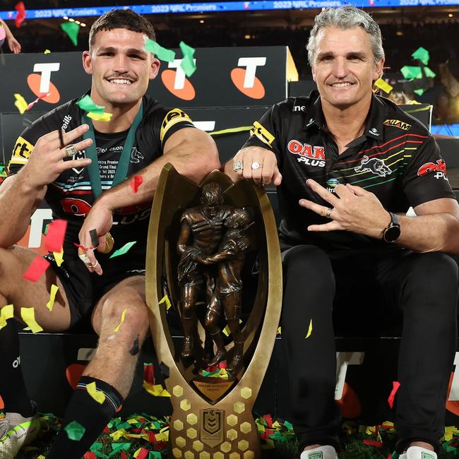 Nathan and Ivan Cleary celebrate their third premiership. Picture: Matt King/Getty Images