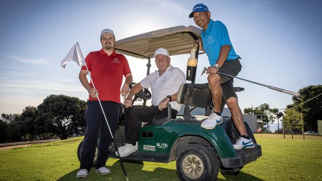 Seacliff club house members Max Boston (red), Craig Hiddlesron (white) and Enrico Cristobal (Blue) at the newly refurbished Seacliff Golf Course and Clubhouse. Picture Emma Brasier