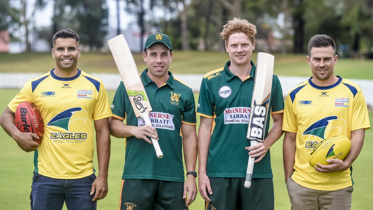 Woodville District Cricket Club and Woodville-West Torrens Football Club will play a community Twenty20 match against each other on January Friday 25. L/R Jared Petrenko,  Harry Nielsen, Tom Andrews, Matthew Goldsworthy.Friday 18th January, 2019. Pic. AAP/ROY VANDERVEGT