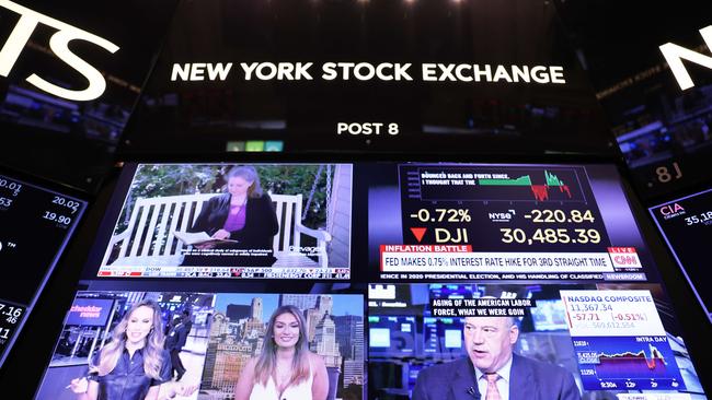 Stocks dropped in the final hour of trading after the third consecutive 0.75 percentage point interest-rate hike by the US Federal Reserve. Picture: Getty Images/AFP