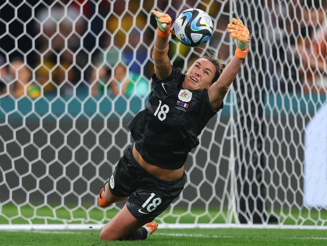 Mackenzie Arnold saves the ninth penalty from Kenza Dali of France in the penalty shoot out. Picture: Chris Hyde/FIFA via Getty Images