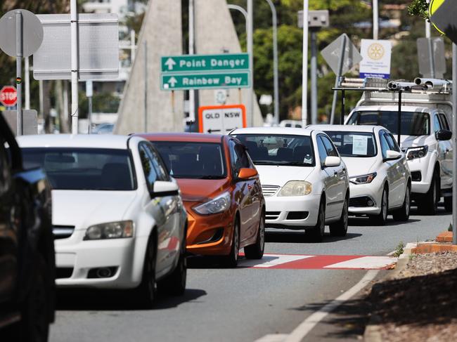 Police at the Queensland border in Griffith Street, Coolangatta. Picture: NIGEL HALLETT