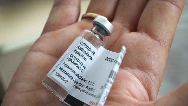 A vial of the AstraZenica vaccine, held by Dr Gianni Ricci at Murray Bridge Hospital. Picture: NCA NewsWire / Dean Martin