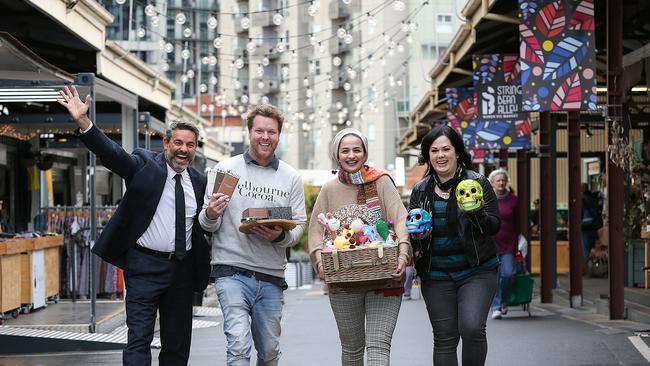 Queen Victoria Market traders are moving online. Queen Victoria Market CEO Stan Liacos with store holders Rich Harley of Melbourne Cocoa, Ayse Super of Melbourne Makers Pod and Sarsha Delahoy-Ristrom of Viva la Calavera. Picture: Ian Currie