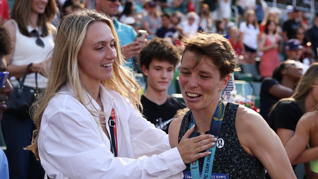 Emma Gee and Nikki Hiltz react after Hiltz won the women's 1500 metre final. (Photo by Patrick Smith/Getty Images)