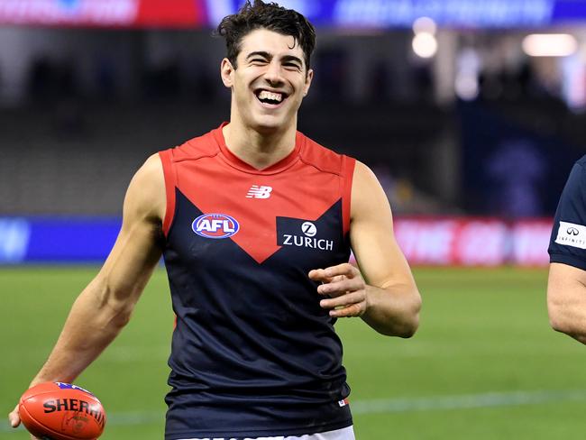 Christian Petracca is all smiles in the Demons’ favoured 2018 guernsey. Picture: AAP