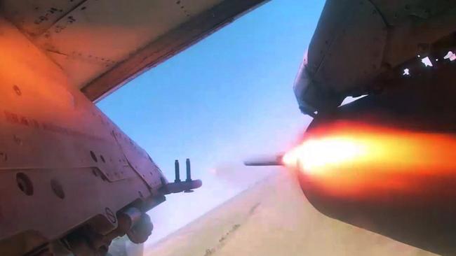 A Russian Su-25 attack aircraft fires rockets on Ukrainian Armed Forces at the border area of the Kursk region of Russia. Picture: Russian Defence Ministry/AFP