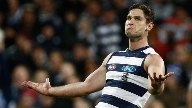 Tom Hawkins of the Cats celebrates a goal (Photo by Daniel Pockett/AFL Media/Getty Images)