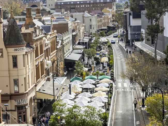 Sydney, Australia - June 19. 2022: Arial view of The Rocks with Harbour Bridge