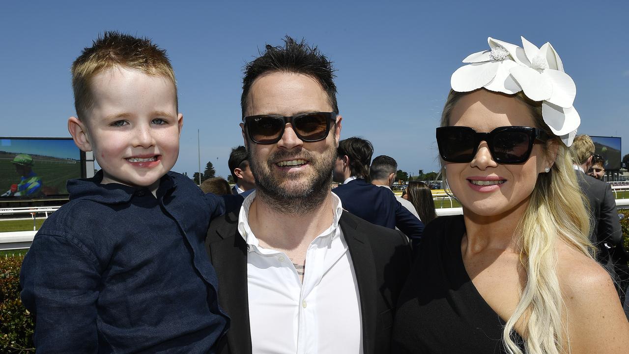 Caulfield Guineas horse race meeting, Caulfield, Victoria, Saturday 12th October 2024. Faces in the crowd. Pictured enjoying the race meeting are Hunter, Andrew and Kelsey. Picture: Andrew Batsch