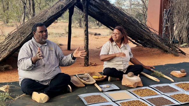 Peter Abbott and Christine Breaden demonstrate traditional foods and skills. Picture: Petra Rees