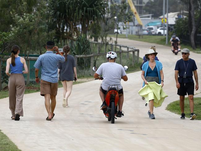 The footpath at Narrowneck on the Gold Coast.Electrified scooters and bikes are making it more and more difficult for pedestrians to walk on the footpath. Picture: Tertius Pickard