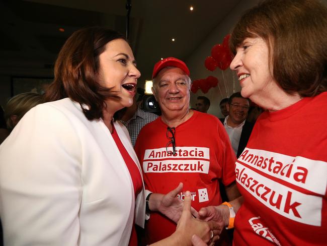 State Election 2015. Annastacia Palaszczuk at her election party at the Queensland Lions Soccer Club in Richlands with dad Henry and mum Lorelle. pics Adam Head