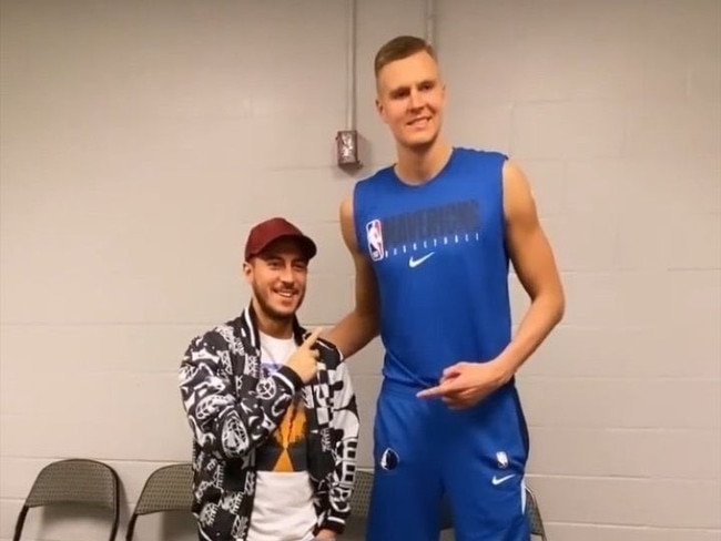 Eden Hazard dwarfed by Kristaps Porzingis