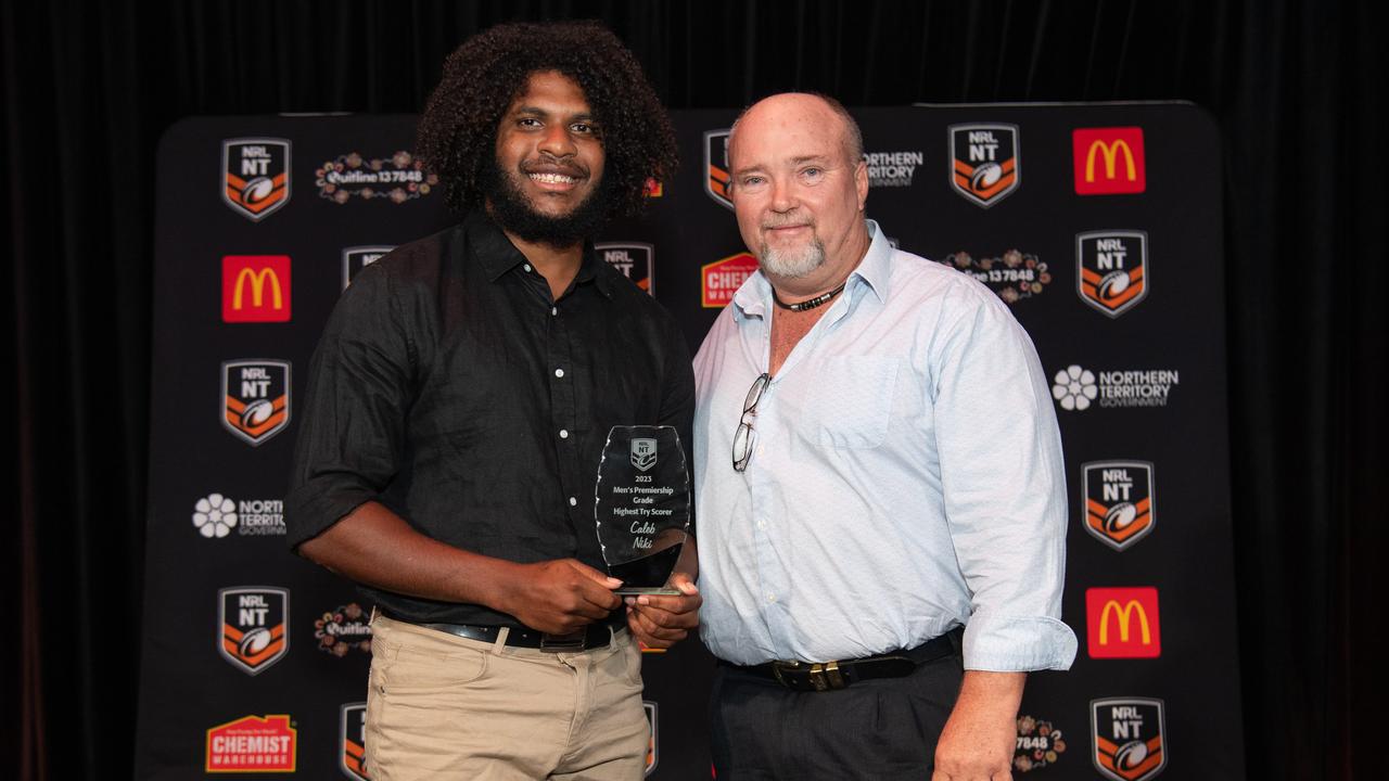 Caleb Niki and Steve Shervill at the 2023 NRL NT Frank Johnson / Gaynor Maggs medal night. Picture: Pema Tamang Pakhrin