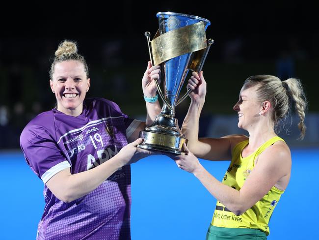 Jocelyn Bartram and Jane Claxton with the spoils of their series win over India.