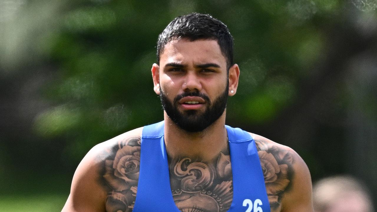 MELBOURNE, AUSTRALIA – NOVEMBER 17: Tarryn Thomas of the Kangaroos runs laps during a North Melbourne Kangaroos AFL training session at Arden Street Ground on November 17, 2023 in Melbourne, Australia. (Photo by Quinn Rooney/Getty Images via AFL Photos)