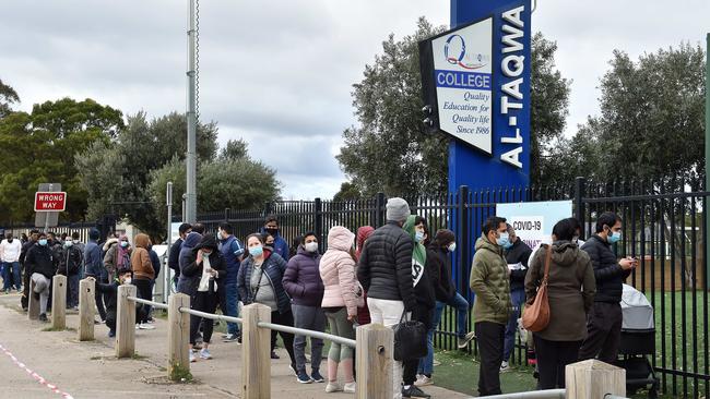 A vaccination line outside Al-Taqwa College in Truganina. Picture: Nicki Connolly