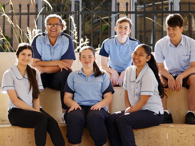 Pictured at JJ Cahill Memorial High School in Mascot today are Year 10 students, Shayla Fares, Ebony Ali, Mikayla Pollock, Andrew Mastroperos, Harlan Manu and Focus Sominthu. Picture: Tim Hunter.