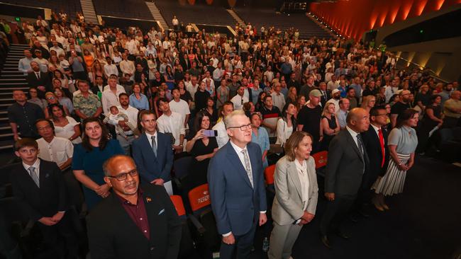 Home Affairs Minister Tony Burke at a citizenship ceremony in Perth on Thursday, with Liberal defector Ian Goodenough, third from right in the front row. Picture: Colin Murty