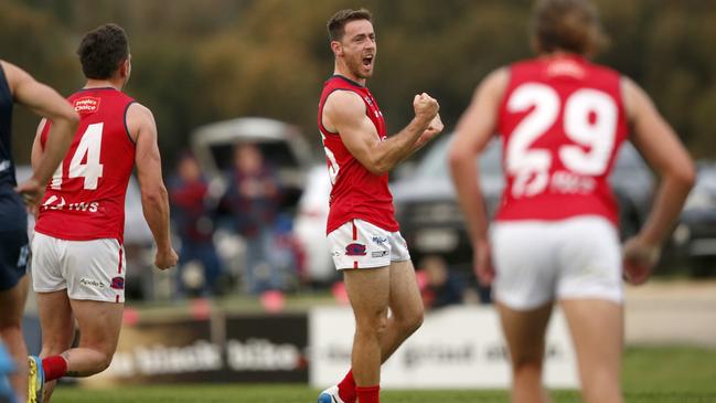 Norwood veteran Richard Douglas celebrates a crucial goal in the club’s upset win against South Adelaide. Picture: Cory Sutton