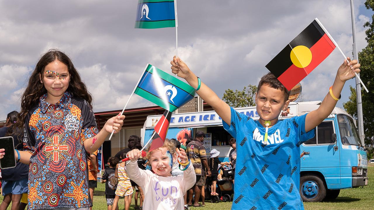 Kaidence Hewitt, Lilah Hewitt and Knox Hewitt at the Charles Darwin University Darwin NAIDOC Family Fun Day at University Pirates Rugby Union Oval, Casuarina. Picture: Pema Tamang Pakhrin