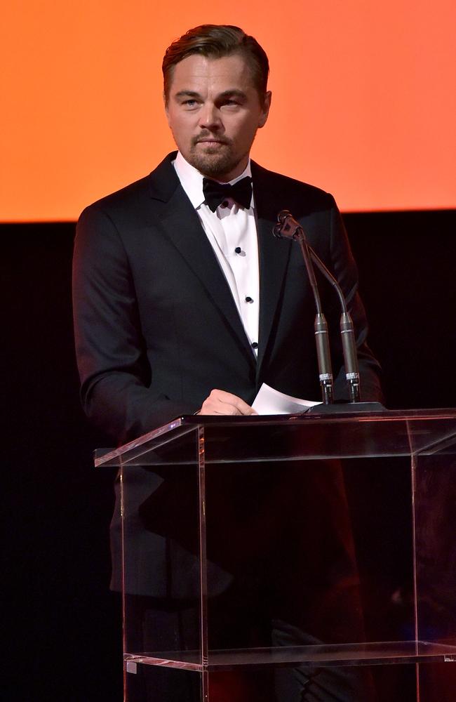 Art+Film Gala Co-Chair Leonardo DiCaprio speaks onstage during LACMA 2015 Art+Film Gala Honoring James Turrell and Alejandro G Iñárritu, Presented by Gucci at LACMA on November 7, 2015 in Los Angeles. Picture: Getty