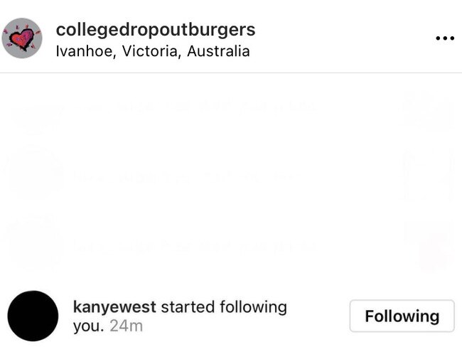 Kanye West started following the College Dropout Burgers Instagram page in September 2021, before sending a cease and disist letter. Picture: Instagram