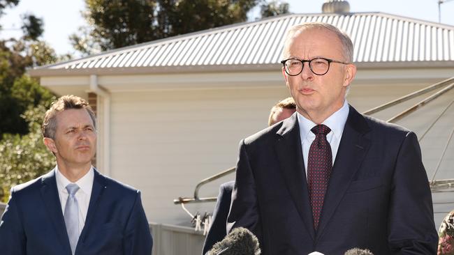 Labor leader Anthony Albanese answers a question in the seat of Robertson NSW. Picture: Liam Kidston