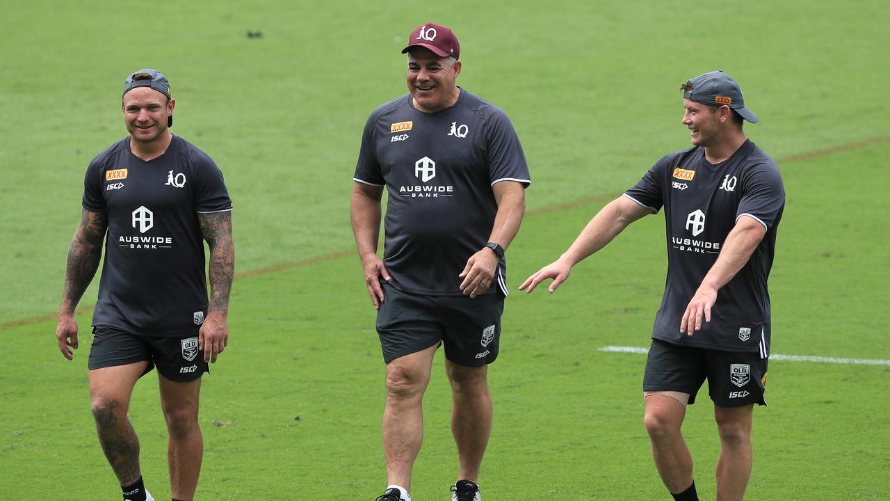 Jake Friend, Mal Meninga and Harry Grant at Queensland training.