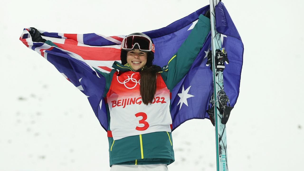 Gold medallist Jakara Anthony of Team Australia celebrates during the Women's Freestyle Skiing Moguls flower ceremony at Genting Snow Park in Zhangjiakou, China. Picture: Getty Images