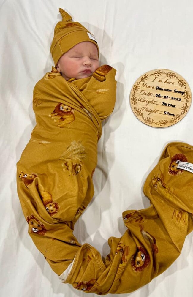 Harrison George Cahill was born on January 6, 2022, at Mater Hospital weighing 3752g and measuring 54cm. He is the new addition for parents Kate and Kevin Cahill, and a little brother for Oliver. Picture: Kate Cahill DMBJ22