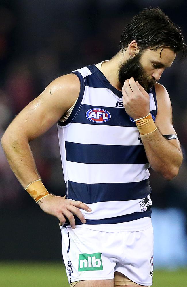 Jimmy finds solace in his rugged beard after Geelong’s shock loss to St Kilda on the weekend. Picture: Mark Stewart<span class="h3"><b/></span>