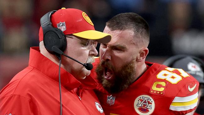 Travis Kelce screams at Andy Reid during the game. (Photo by Jamie Squire/Getty Images)