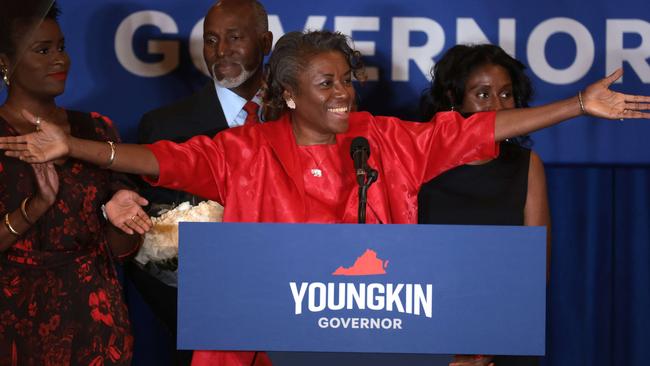 Elected Lieutenant Governor Winsome Sears takes the stage with her family during an election night rally in Chantilly, Virginia. Picture: AFP