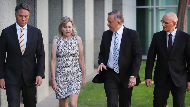 Julie-Ann Finney meeting with Shadow Minister for Defence, Richard Marles, Opposition Leader Anthony Albanese and Shadow Minister for Veterans Affairs and Defence Personnel Shayne Neumann at Parliament House in Canberra. Picture: Kym Smith