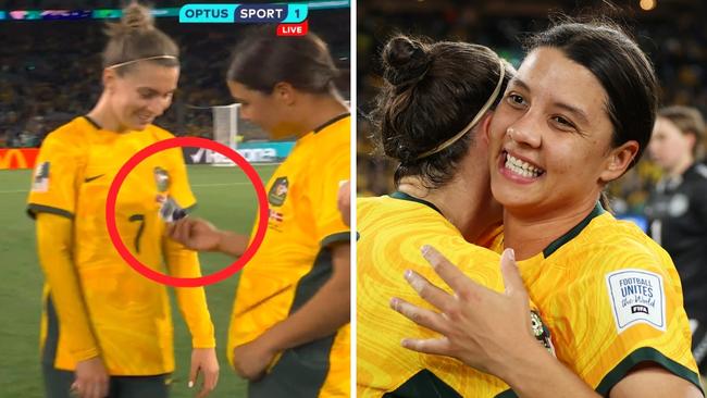 Sam Kerr hands over the armband to Steph Catley. Photo: Twitter, @OptusSport.