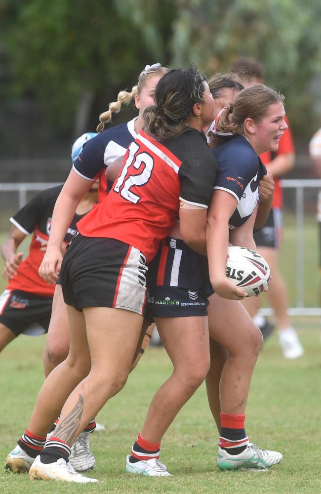 Kirwan State High School hosts St Patrick's College, Mackay, in round 1 of the 2025 Aaron Payne Cup. Jakaia-Lee Collett (12) makes a tackle. Picture: Evan Morgan