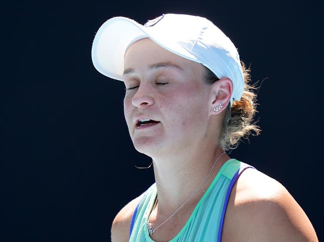 Ashleigh Barty of Australia reacts during the women's singles semi final match against Sofia Kenin of the USA on day 11 of the Australian Open tennis tournament at Rod Laver Arena in Melbourne, Thursday, January 30, 2020. (AAP Image/Dave Hunt) NO ARCHIVING, EDITORIAL USE ONLY