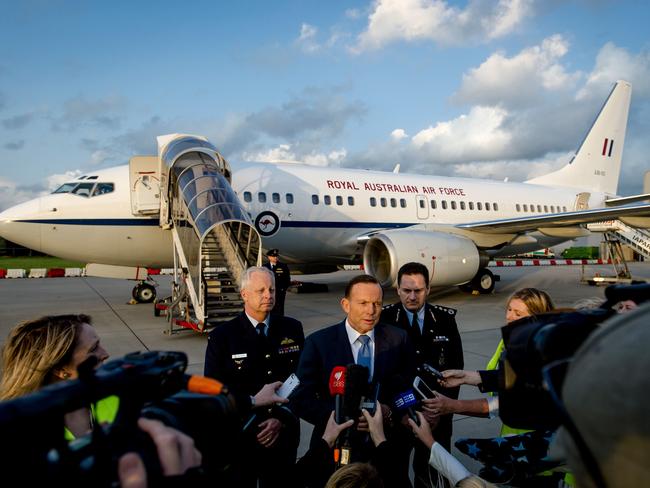 Prime Minister Tony Abbott answers questions upon his arrival in Rotterdam. Abbott is on a one-day visit to the Netherlands to discuss the progress of the investigation of flight MH17. Picture: Robin Van Lonkhuijsen