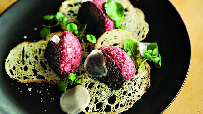 Truffled steak tartare, sourdough wafers, watercress, fermented turnip, Manjimup truffles. Picture: Jessica Shaver