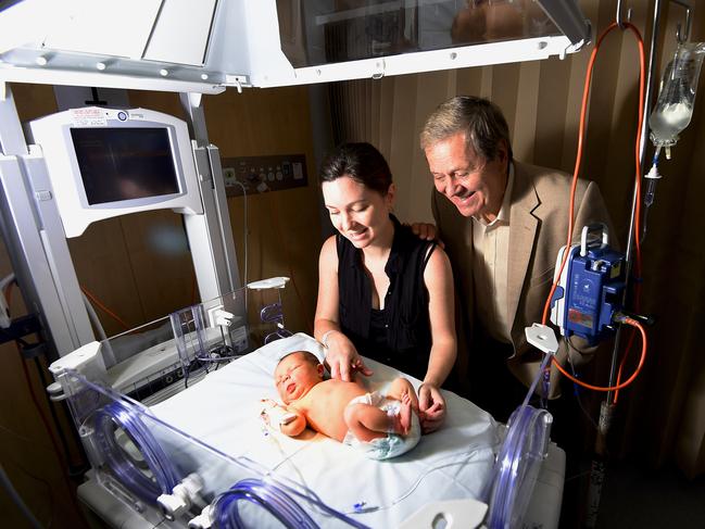 First time mum, Bronte Wright, from Tindal chats to renowned journalist, Ray Martin supporting Humpty Dumpty Foundation whilst her baby, Madelyn Wright wakes up for a feed at Royal Darwin Hospital .