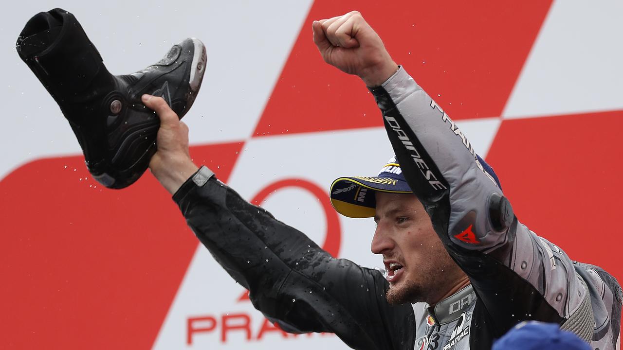 Jack Miller celebrates after he finished third at Phillip Island. Picture: Robert Cianflone