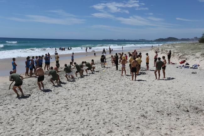 The Southport Sharks VFL team during a preseason training camp at Tallebudgera Beach. Picture: Mike Batterham